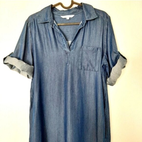 CLEO Utility Sleeve Mini Shirt Dress | Tunic w Pockets Chambray Blue Sz S - Picture 13 of 16